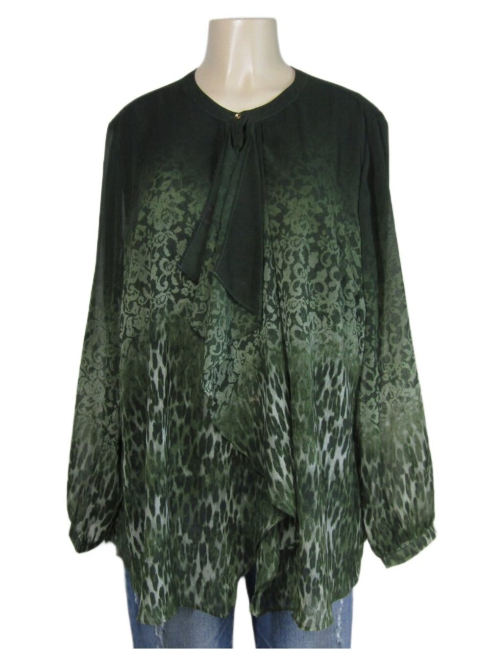 Dennis Basso Forest Green Abstract Floral Ombre Ascot Career Office Blouse 18W